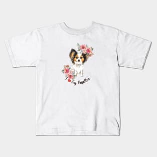 I Love My Papilllon Cute Yorkshire Terrier Puppy Watercolor Art Kids T-Shirt